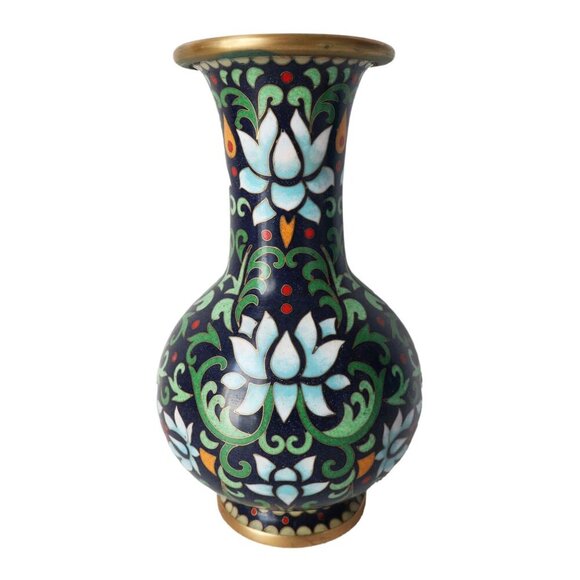 Vintage Cloisonne Lotus Vase with Wood Stand Hand Painted Floral Enamel - Picture 2 of 7